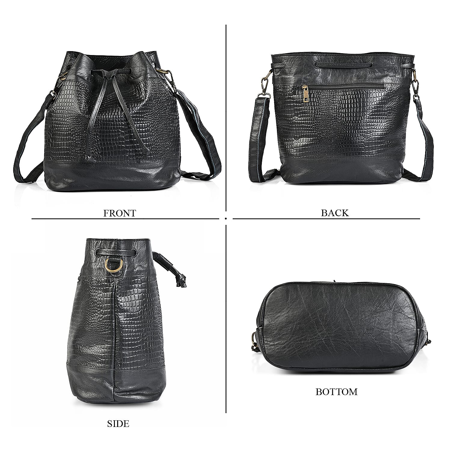 La Marey Black Genuine Leather Croco Embossed Crossbody Bag