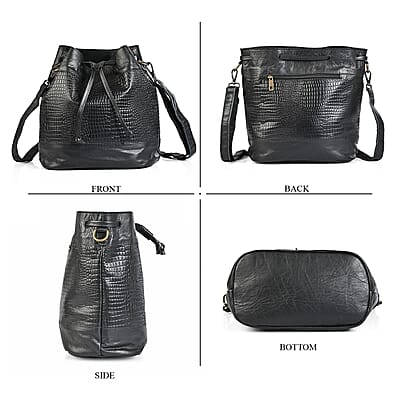 La Marey Black Genuine Leather Croco Embossed Crossbody Bag