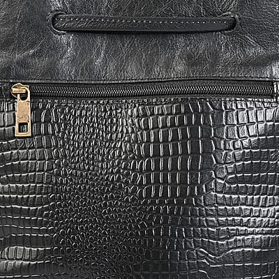 La Marey Black Genuine Leather Croco Embossed Crossbody Bag