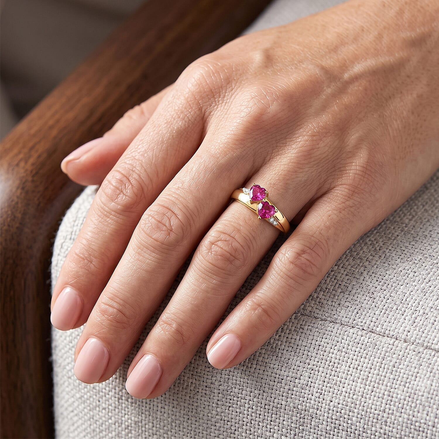 D'Joy Simulated White and Ruby Diamond Ring in 14K Yellow Gold Over Sterling Silver (Size 6.5)