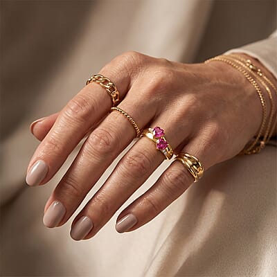 D'Joy Simulated White and Ruby Diamond Ring in 14K Yellow Gold Over Sterling Silver (Size 6.5)