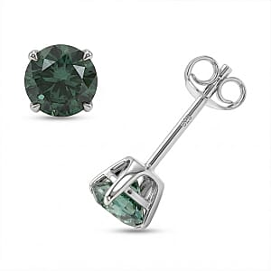 Luxuriant Lab Grown Green Diamond (IR) (SI) 1.50 ctw Classic Solitaire Stud Earrings in Rhodium Over Sterling Silver