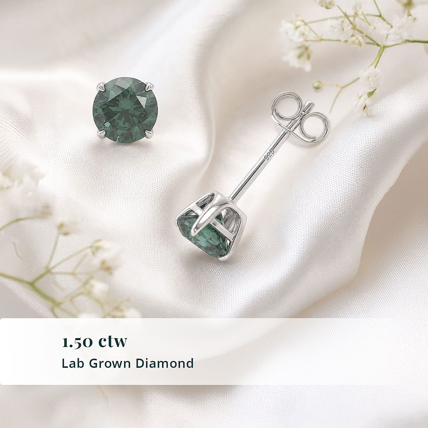 Luxuriant Lab Grown Green Diamond (IR) (SI) 1.50 ctw Classic Solitaire Stud Earrings in Rhodium Over Sterling Silver