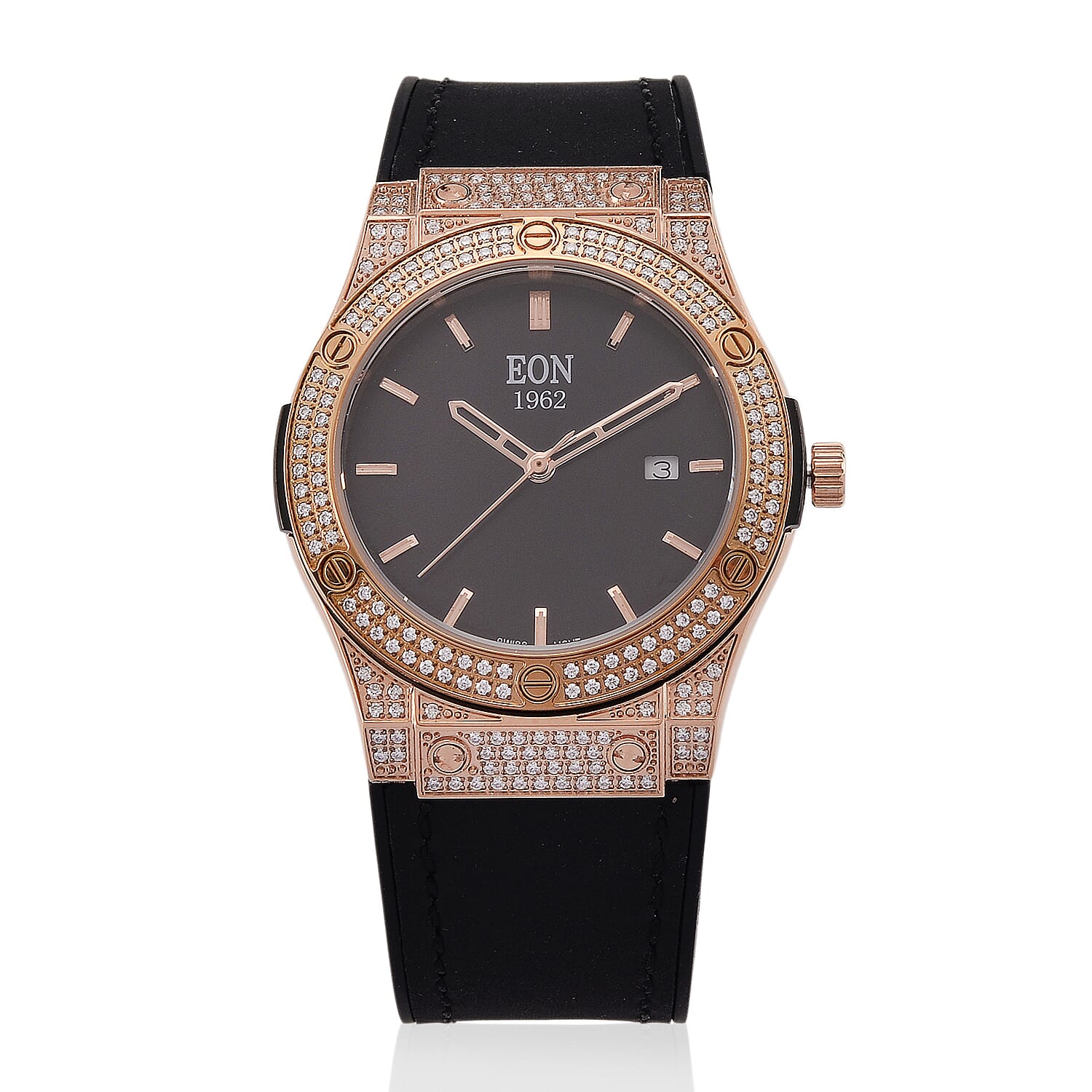 EON 1962 Moissanite Ronda 505 with Date Swiss Movement Watch with Leather Strap in ION Plated RG Stainless Steel 3.00 ctw