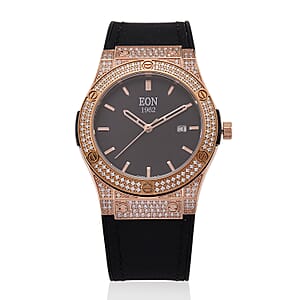 EON 1962 Moissanite Ronda 505 with Date Swiss Movement Watch with Leather Strap in ION Plated RG Stainless Steel 3.00 ctw