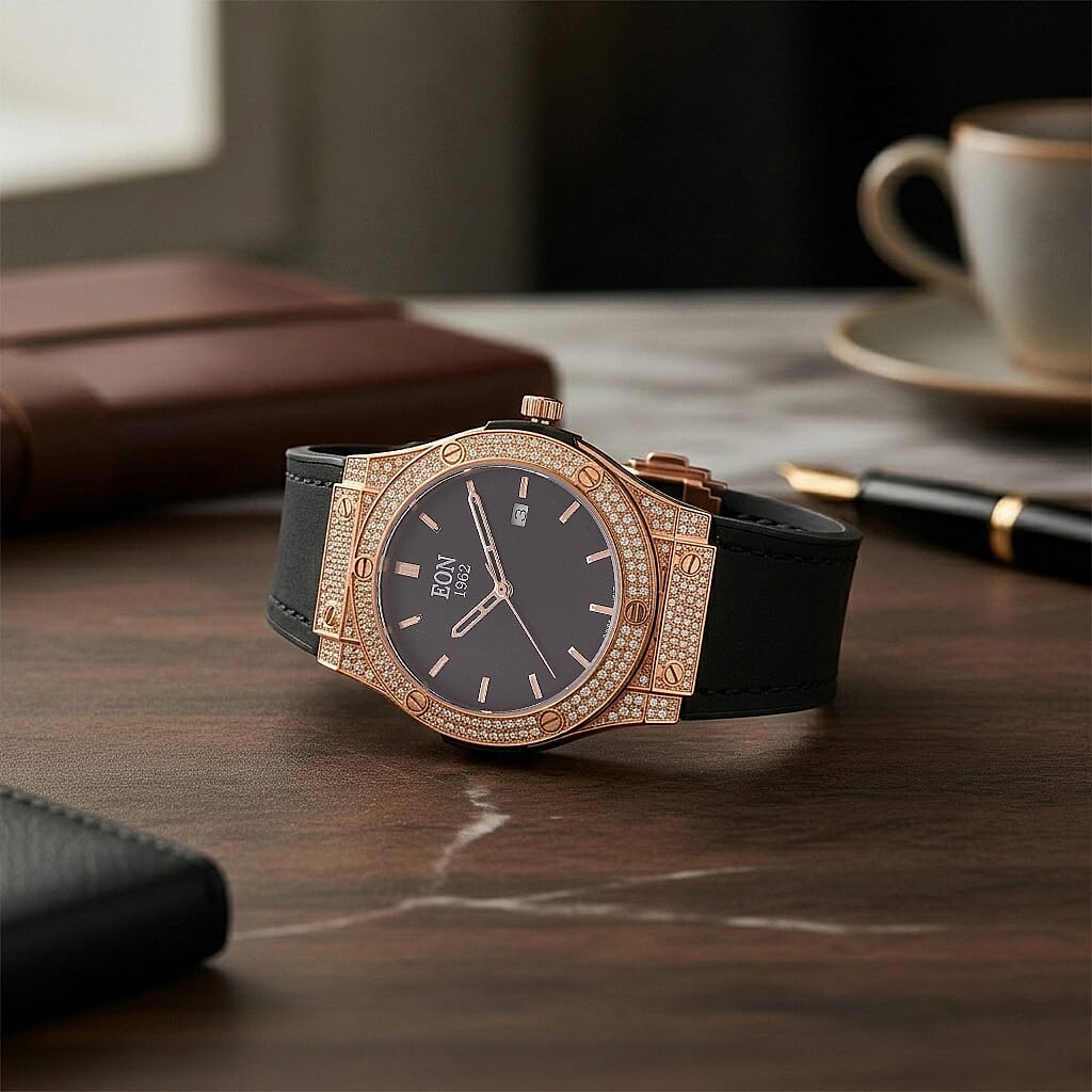 EON 1962 Moissanite Ronda 505 with Date Swiss Movement Watch with Leather Strap in ION Plated RG Stainless Steel 3.00 ctw