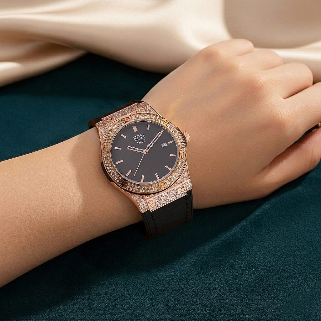 EON 1962 Moissanite Ronda 505 with Date Swiss Movement Watch with Leather Strap in ION Plated RG Stainless Steel 3.00 ctw