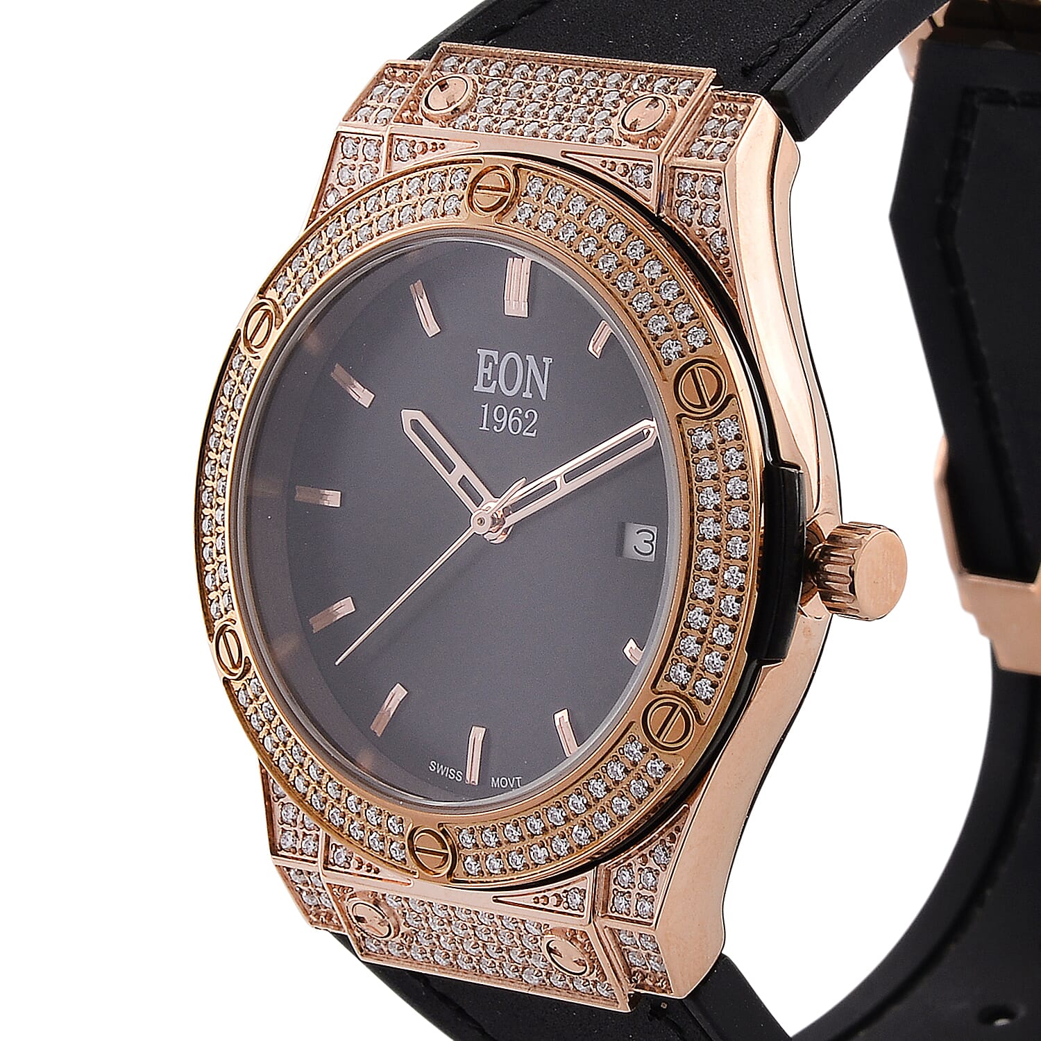 EON 1962 Moissanite Ronda 505 with Date Swiss Movement Watch with Leather Strap in ION Plated RG Stainless Steel 3.00 ctw