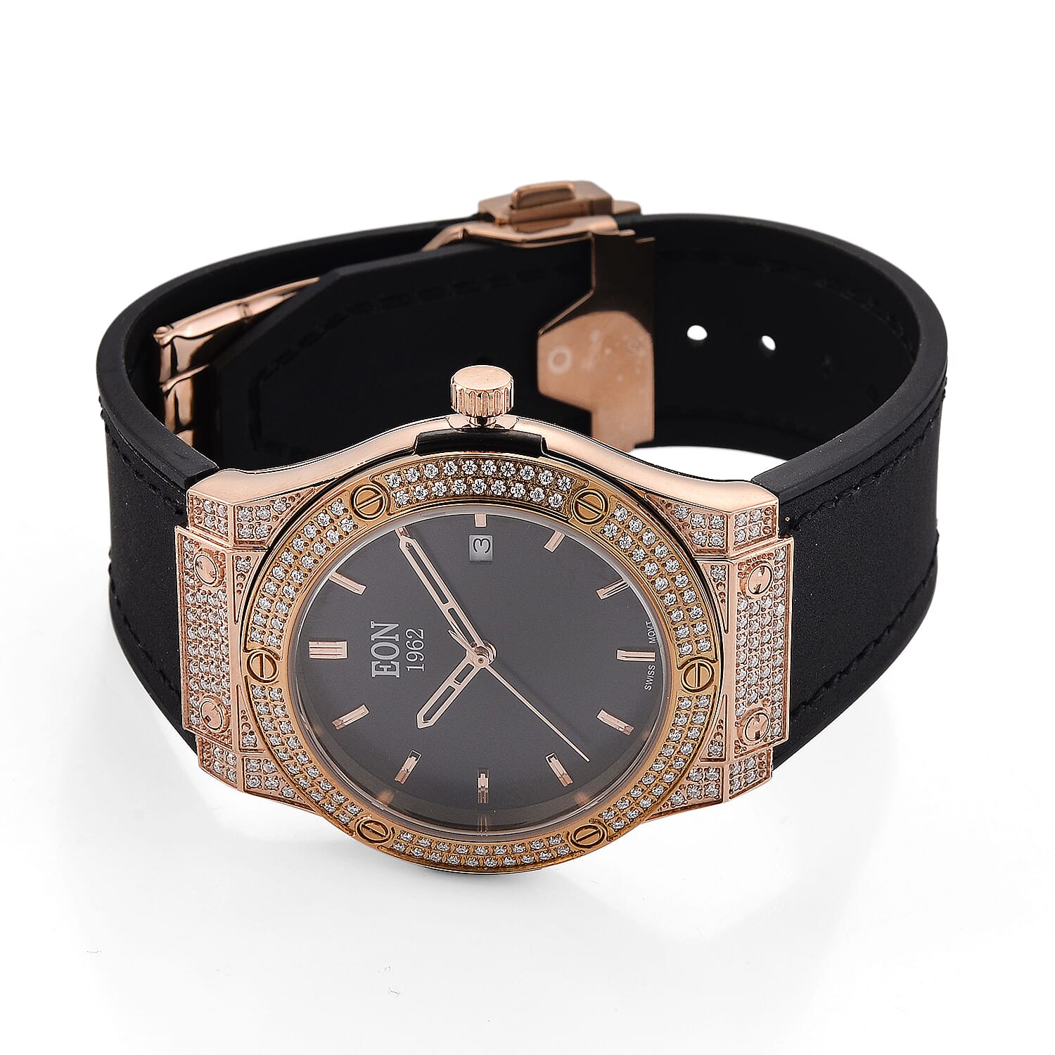 EON 1962 Moissanite Ronda 505 with Date Swiss Movement Watch with Leather Strap in ION Plated RG Stainless Steel 3.00 ctw