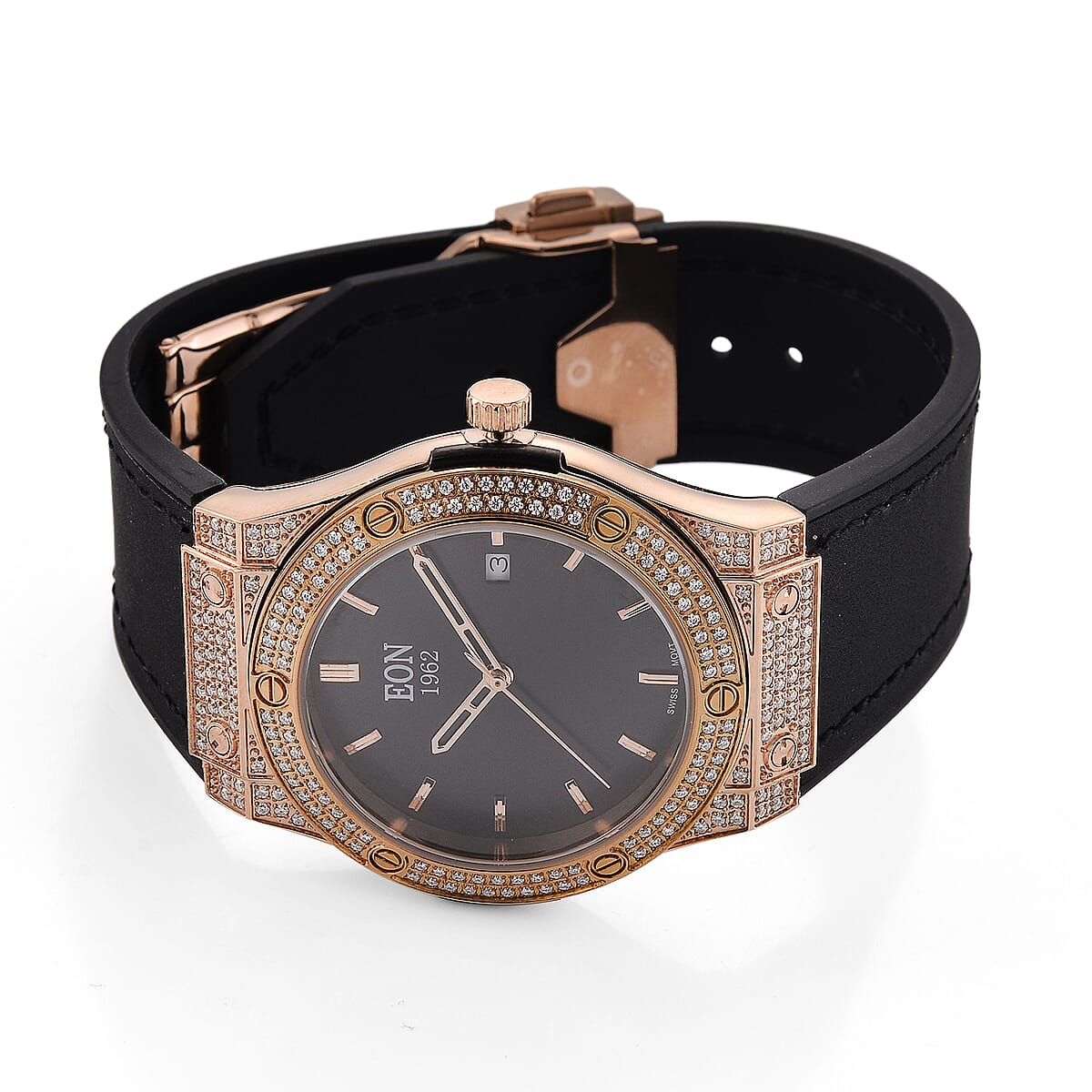 EON 1962 Moissanite Ronda 505 with Date Swiss Movement Watch with Leather Strap in ION Plated RG Stainless Steel 3.00 ctw image number 4