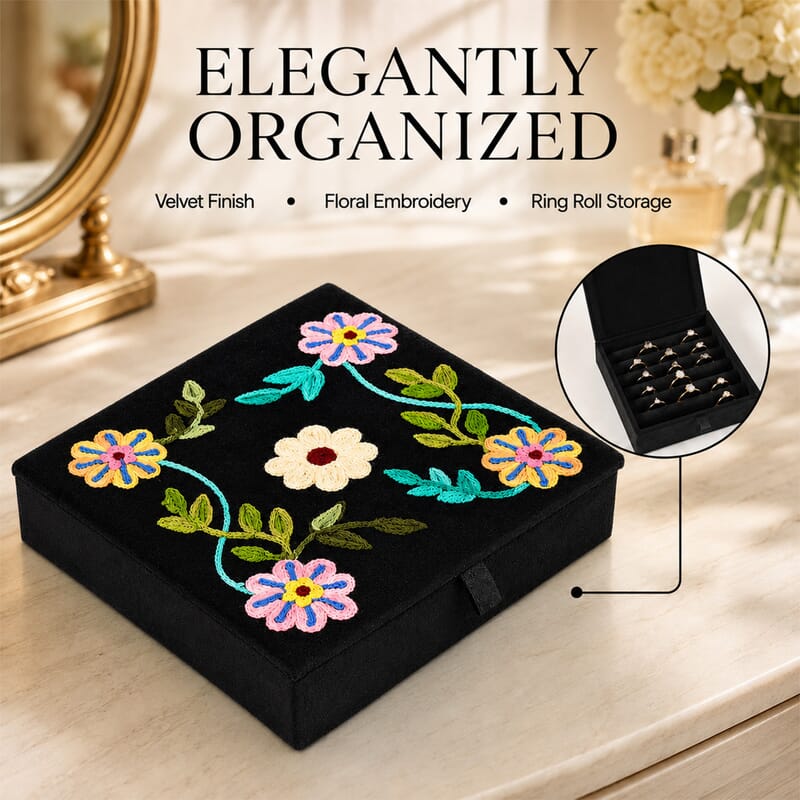 Livmore Black Velvet Embroidered Jewelry Ring Box