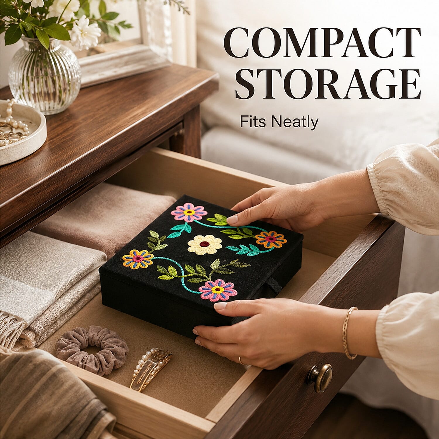 Livmore Black Velvet Embroidered Jewelry Ring Box