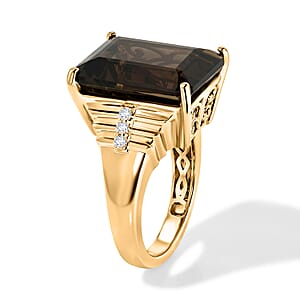 EverTrue Brazilian Smoky Quartz, White Zircon 11.35 ctw Ring in 18K YG Plated (Size 6.0)