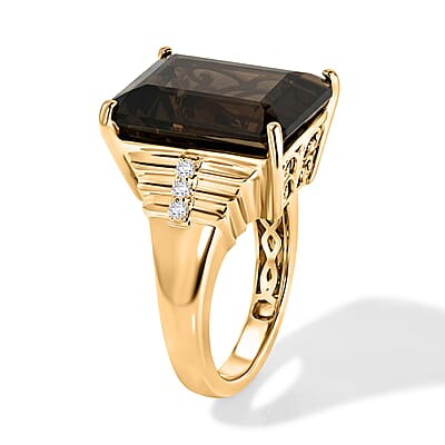 EverTrue Brazilian Smoky Quartz, White Zircon 11.35 ctw Ring in 18K YG Plated (Size 8.0)