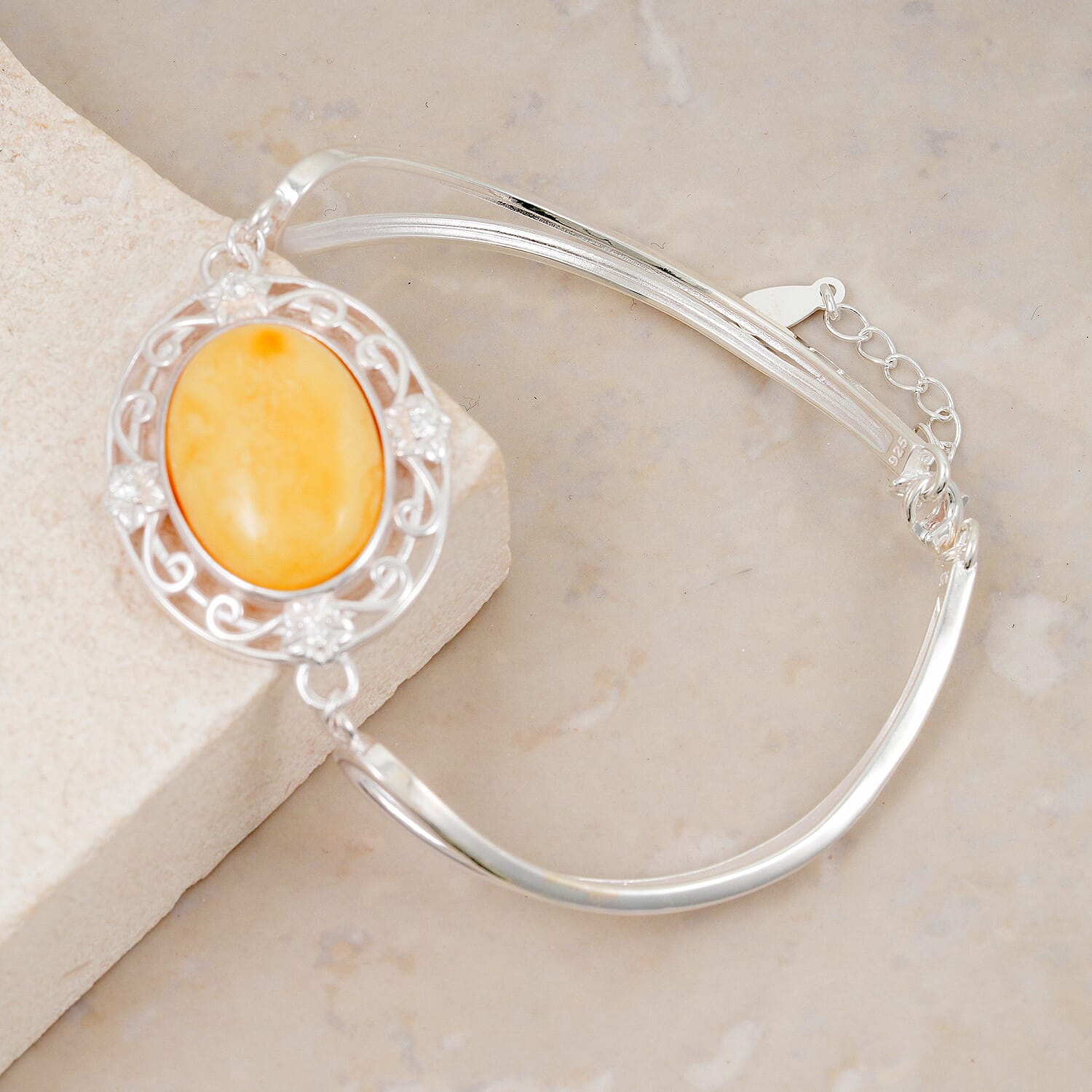 Butterscotch Amber, Simulated Diamond 0.80 ctw Bracelet in Sterling Silver (6.5-7.5In)