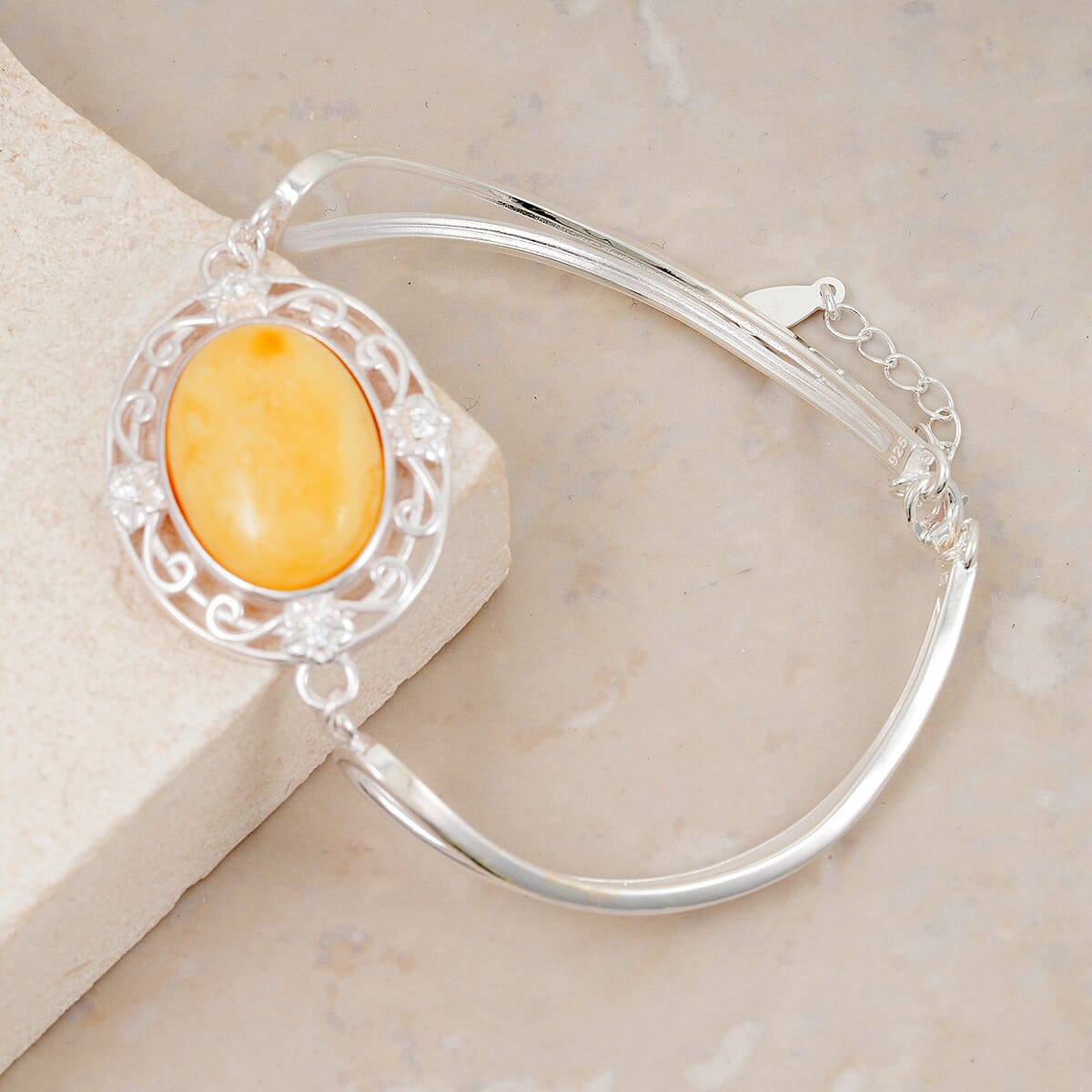 Butterscotch Amber, Simulated Diamond 0.80 ctw Bracelet in Sterling Silver (6.5-7.5In) image number 1