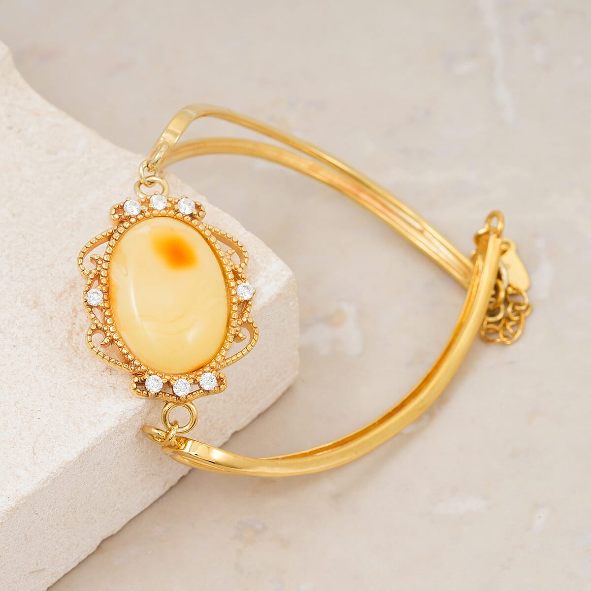 Butterscotch Amber, Simulated Diamond 0.80 ctw Bracelet in 14K YG Over Sterling Silver (6.50-7.50In) image number 1