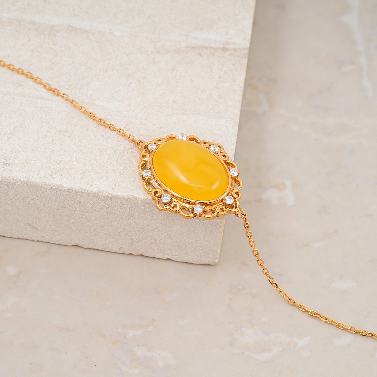 Butterscotch Amber, Simulated Diamond 1.60 ctw Bracelet in 14K YG Over Sterling Silver (6.50-7.50In)
