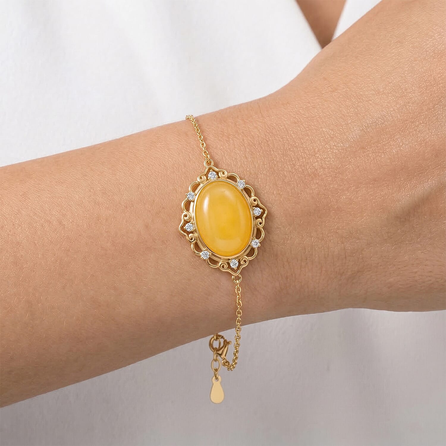 Butterscotch Amber, Simulated Diamond 1.60 ctw Bracelet in 14K YG Over Sterling Silver (6.50-7.50In)