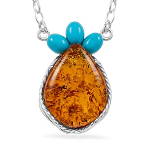 Baltic Amber, Turquoise 9.00 ctw Necklace in Sterling Silver (20 Inches)