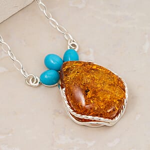 Baltic Amber, Turquoise 9.00 ctw Necklace in Sterling Silver (20 Inches)