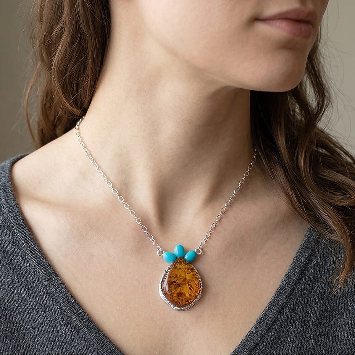 Baltic Amber, Turquoise 9.00 ctw Necklace in Sterling Silver (20 Inches) image number 2
