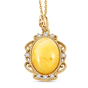 Butterscotch Amber, Simulated Diamond Necklace in 14K YG Over Sterling Silver (16-18 Inches)