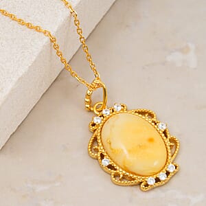 Butterscotch Amber, Simulated Diamond Necklace in 14K YG Over Sterling Silver (16-18 Inches)