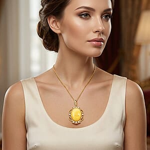 Butterscotch Amber, Simulated Diamond Necklace in 14K YG Over Sterling Silver (16-18 Inches)