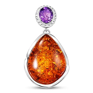 Baltic Amber, Amethyst 8.00 ctw Wrap Pendant without Chain Sterling Silver