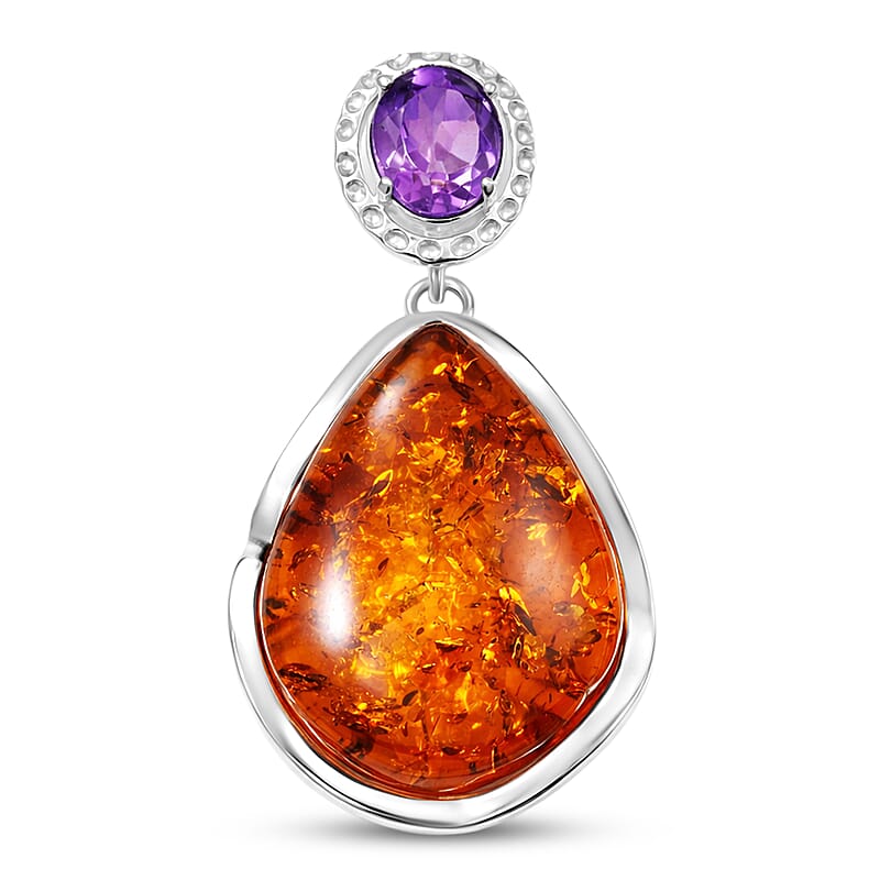 Baltic Amber, Amethyst 8.00 ctw Wrap Pendant without Chain Sterling Silver