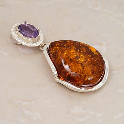 Baltic Amber, Amethyst 8.00 ctw Wrap Pendant without Chain Sterling Silver
