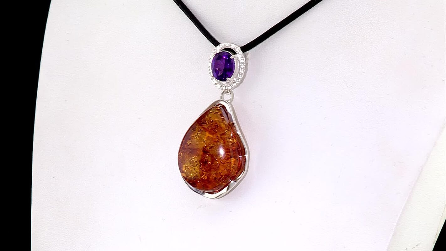 Baltic Amber, Amethyst 8.00 ctw Wrap Pendant without Chain Sterling Silver