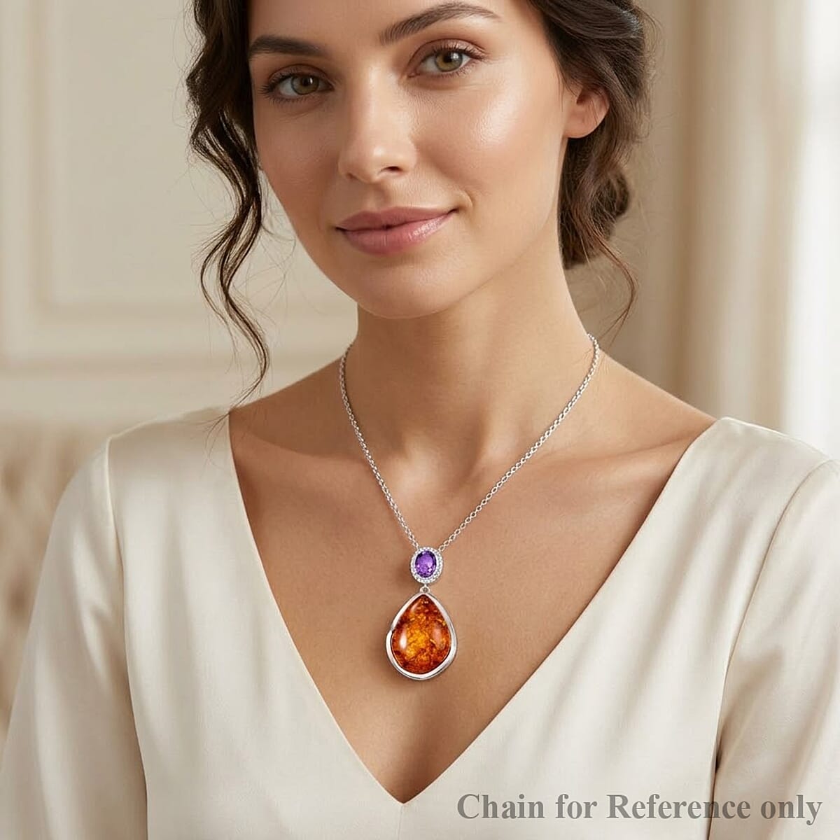 Baltic Amber, Amethyst 8.00 ctw Wrap Pendant without Chain Sterling Silver image number 2