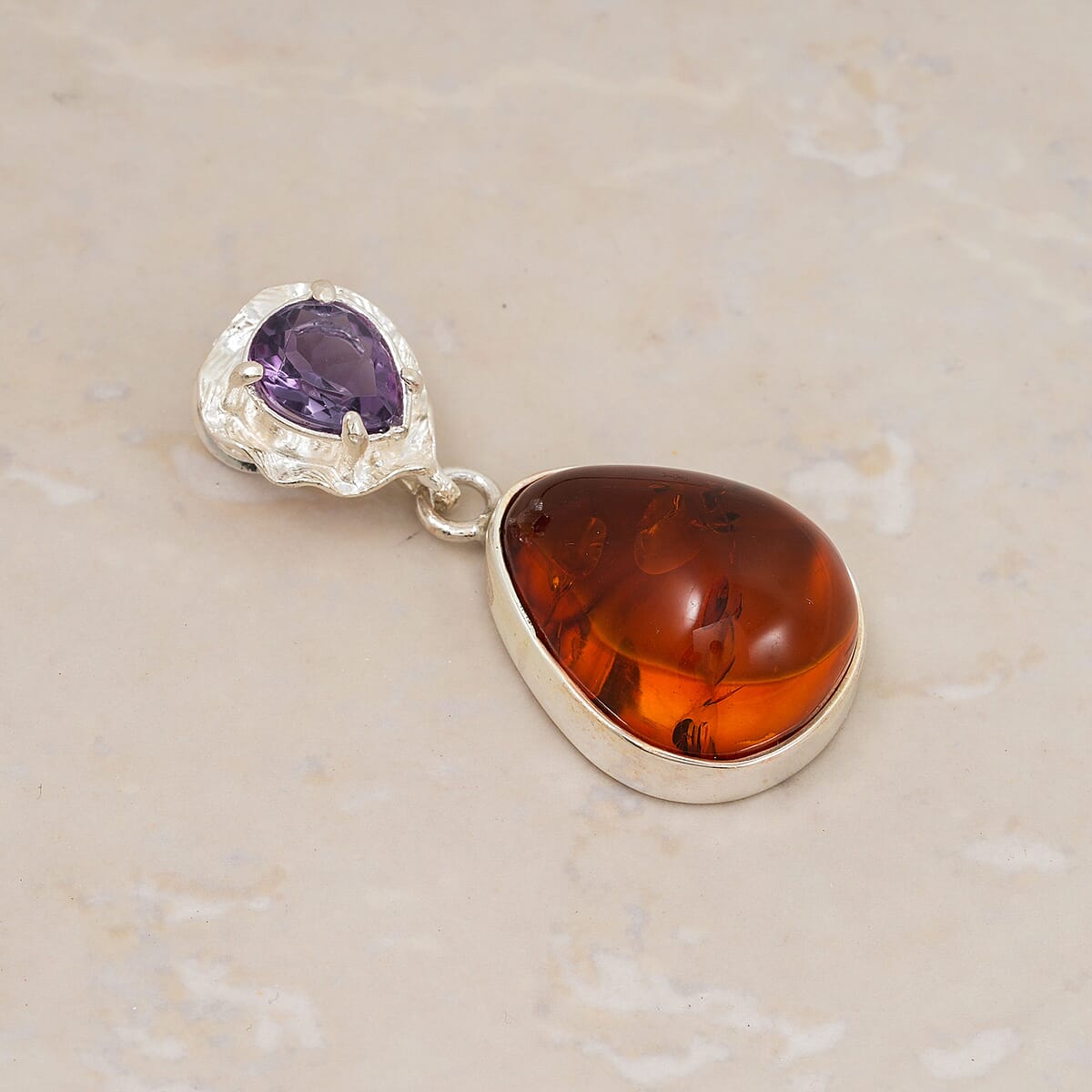 Baltic Amber, Amethyst 6.00 ctw Pendant without Chain Sterling Silver image number 1