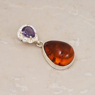 Baltic Amber, Amethyst 6.00 ctw Pendant without Chain Sterling Silver