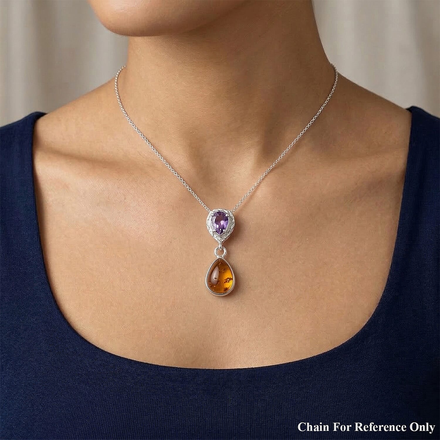 Baltic Amber, Amethyst 6.00 ctw Pendant without Chain Sterling Silver