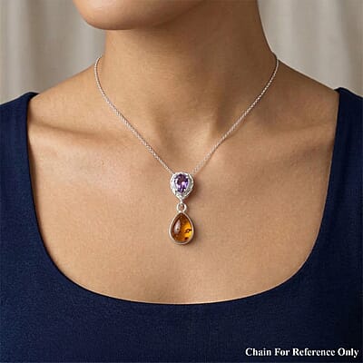Baltic Amber, Amethyst 6.00 ctw Pendant without Chain Sterling Silver