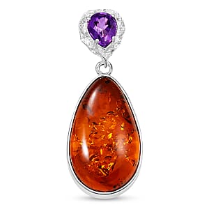 Baltic Amber and Amethyst Pendant without Chain Sterling Silver