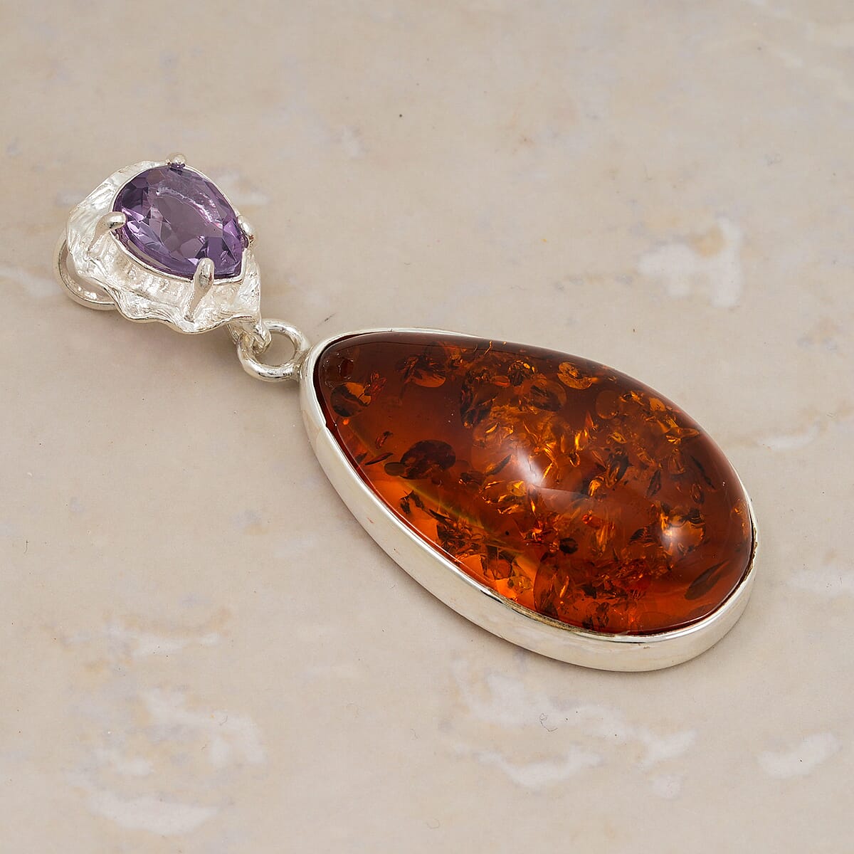 Baltic Amber and Amethyst Pendant without Chain Sterling Silver image number 1