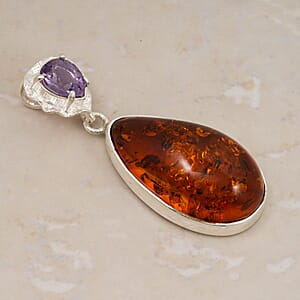 Baltic Amber and Amethyst Pendant without Chain Sterling Silver