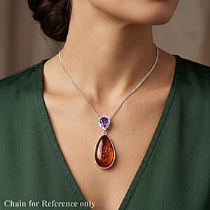 Baltic Amber and Amethyst Pendant without Chain Sterling Silver