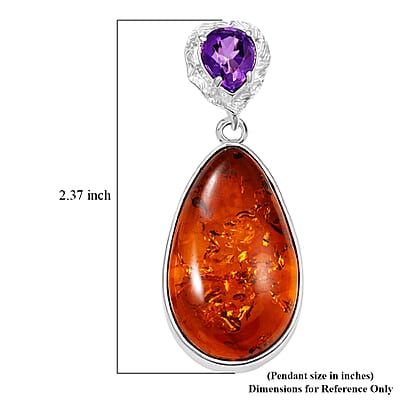 Baltic Amber and Amethyst Pendant without Chain Sterling Silver