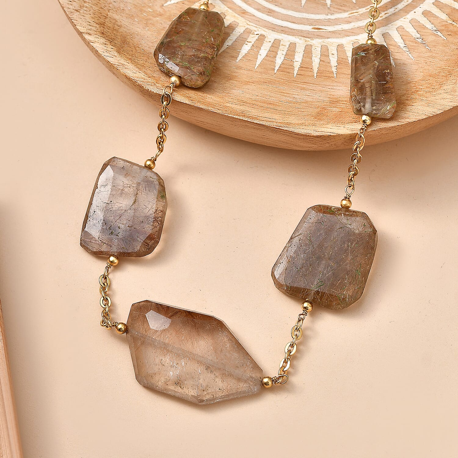 EverTrue Rutile Quartz 265.00 ctw Beaded Necklace in ION Plated Yellow Gold Stainless Steel 24-26 Inches