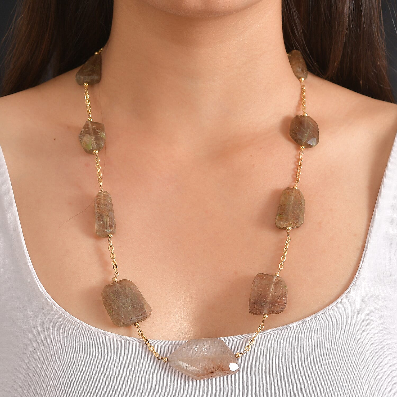 EverTrue Rutile Quartz 265.00 ctw Beaded Necklace in ION Plated Yellow Gold Stainless Steel 24-26 Inches