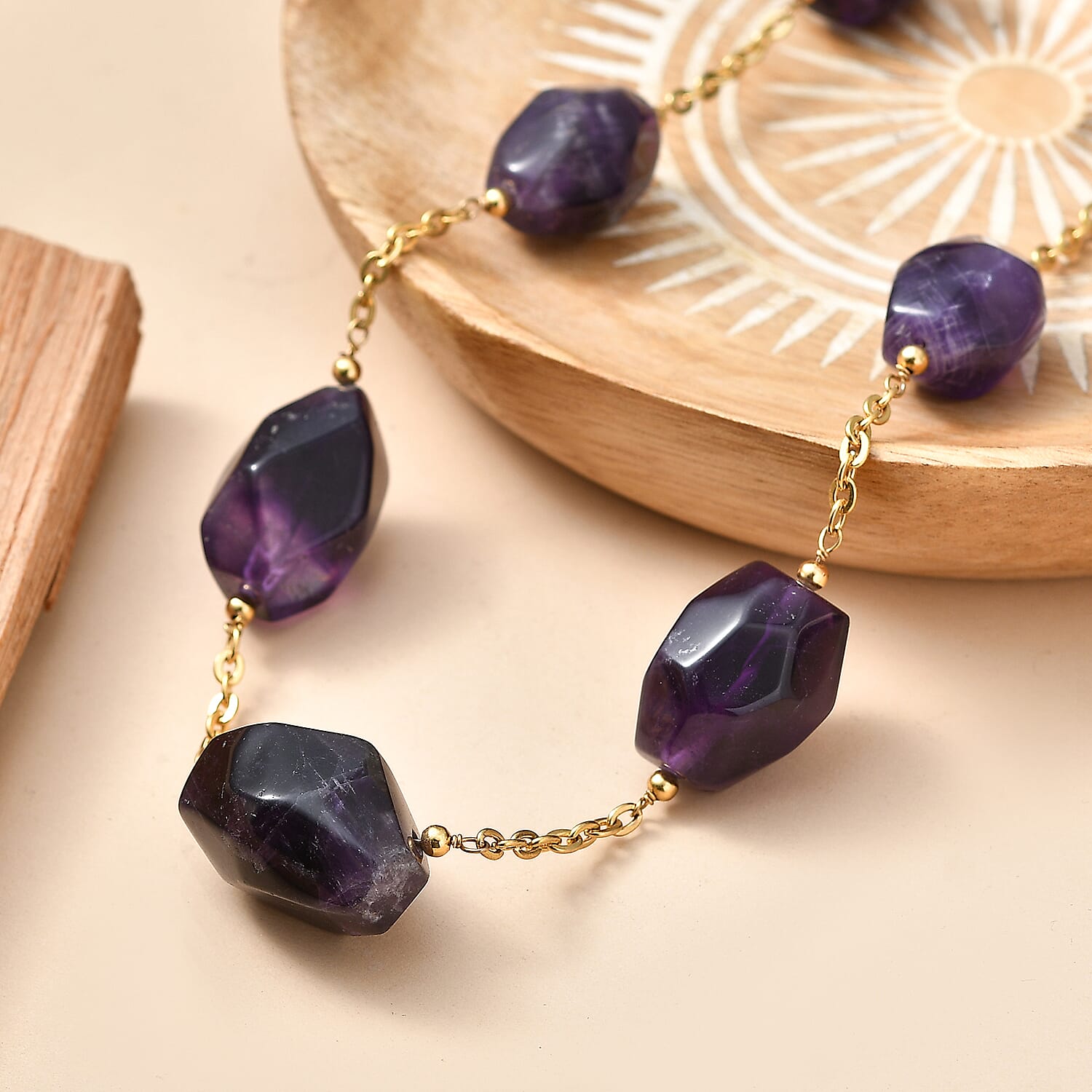 EverTrue African Amethyst 285.00 ctw Beaded Necklace in ION Plated Yellow Gold Stainless Steel 24-26 Inches