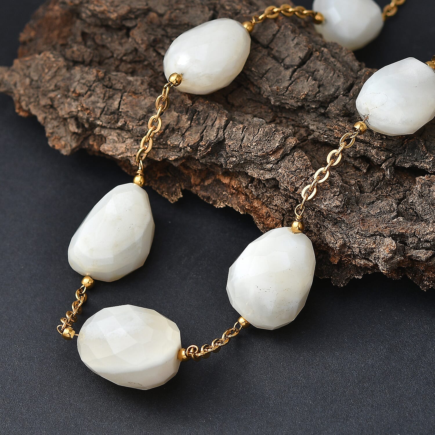 EverTrue White Agate 295.00 ctw Beaded Necklace in ION Plated Yellow Gold Stainless Steel 24-26 Inches