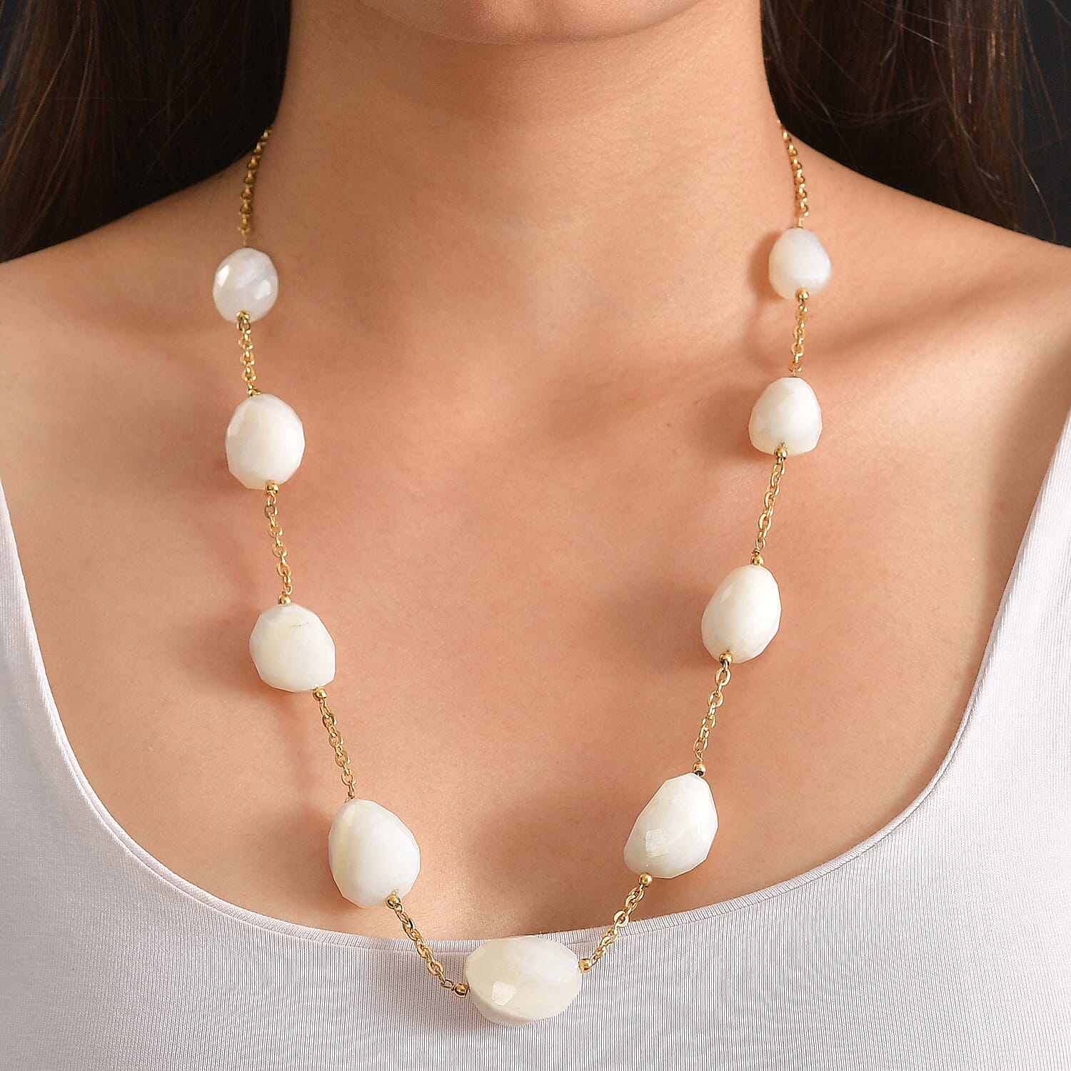EverTrue White Agate 295.00 ctw Beaded Necklace in ION Plated Yellow Gold Stainless Steel 24-26 Inches