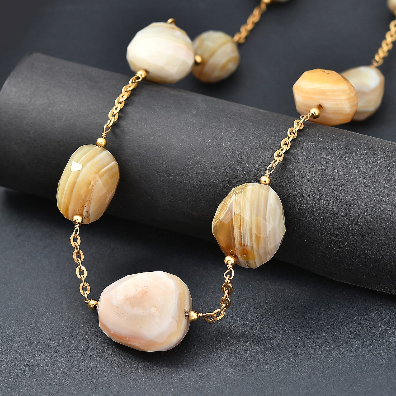 EverTrue Banded Agate 340.00 ctw Beaded Necklace in ION Plated Yellow Gold Stainless Steel 24-26 Inches