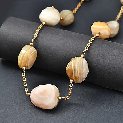 EverTrue Banded Agate 340.00 ctw Beaded Necklace in ION Plated Yellow Gold Stainless Steel 24-26 Inches